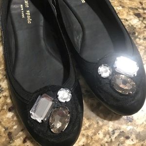kate spade Black Embellished Satin Flats with Crystal Accents
